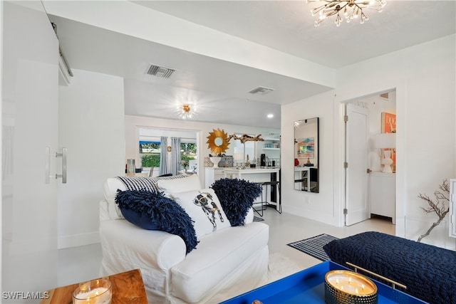 living room featuring a chandelier