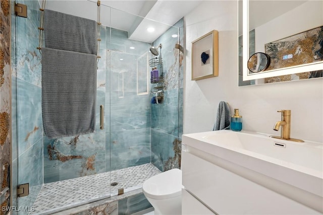 1340 Delmar Ln, Naples, FL 34104 - bathroom featuring vanity, toilet, a shower stall, and recessed lighting