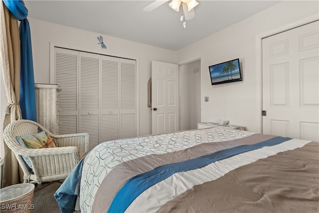 bedroom with carpet flooring, a closet, and ceiling fan