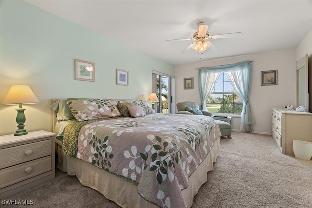 bedroom featuring light carpet and ceiling fan