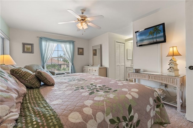 bedroom featuring a closet, ceiling fan, and carpet flooring