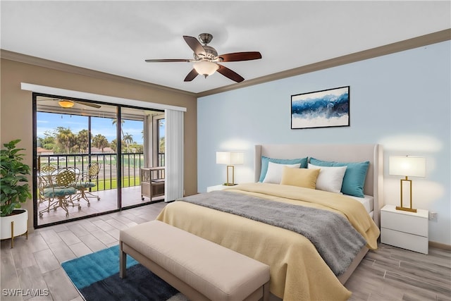 bedroom with ceiling fan, light hardwood / wood-style flooring, access to outside, and crown molding