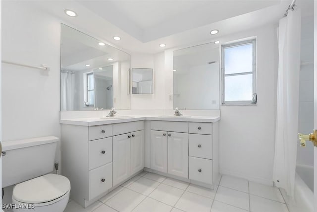 bathroom with tile patterned flooring, toilet, recessed lighting, vanity, and shower / bathtub combination with curtain