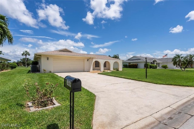 view of front of home featuring stucco siding, concrete driveway, central AC unit, a garage, and a front lawn