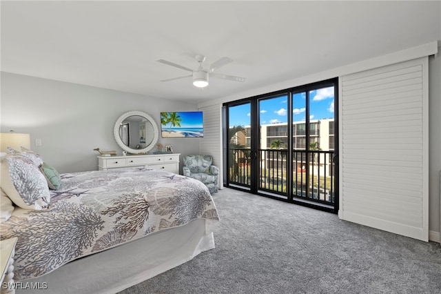 bedroom with ceiling fan, access to exterior, and light carpet