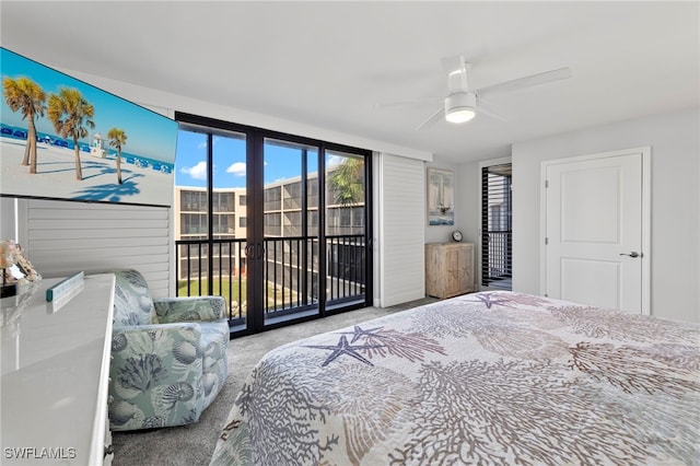 bedroom with ceiling fan, access to outside, and light carpet