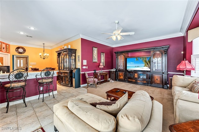 living room with crown molding, light tile patterned flooring, and ceiling fan with notable chandelier