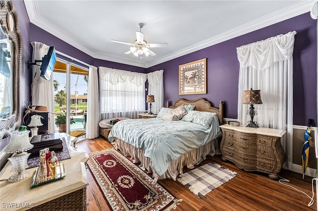 bedroom featuring ceiling fan, hardwood / wood-style flooring, access to outside, and ornamental molding