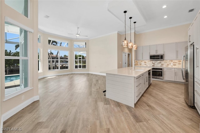 kitchen with tasteful backsplash, light wood-type flooring, stainless steel appliances, an island with sink, and ceiling fan