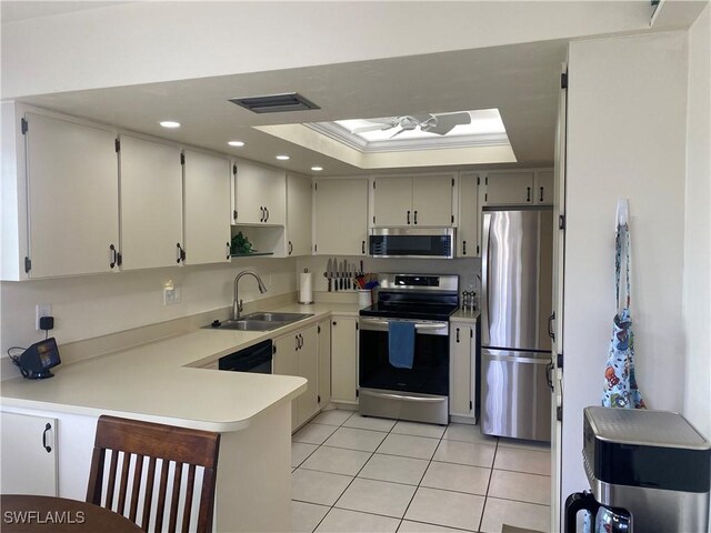 kitchen featuring sink, a skylight, light tile patterned floors, a raised ceiling, and stainless steel appliances