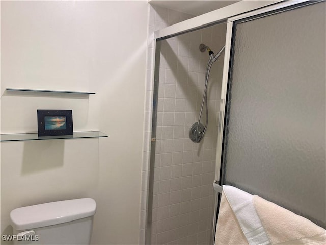 bathroom with a stall shower and toilet