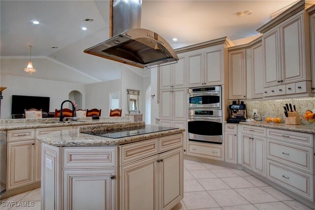 kitchen with double oven, a center island, black electric cooktop, island range hood, and light tile patterned floors