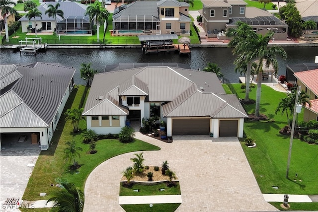 aerial view featuring a water view