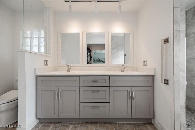 bathroom with a shower, vanity, track lighting, and toilet