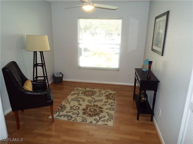 living area with ceiling fan and wood-type flooring