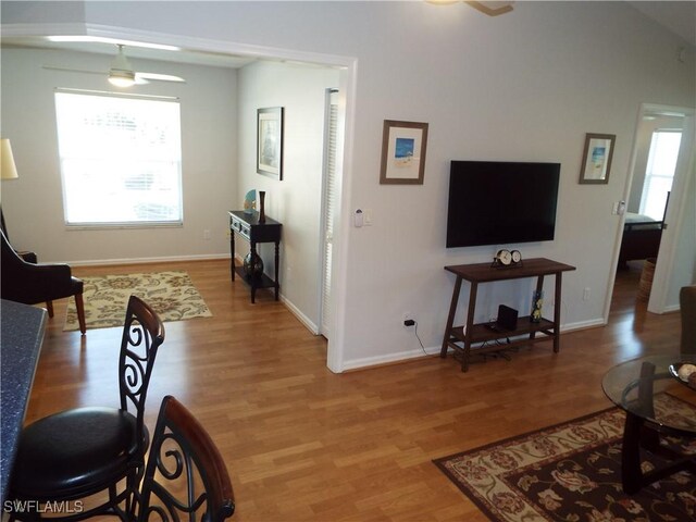 living room with hardwood / wood-style floors and ceiling fan