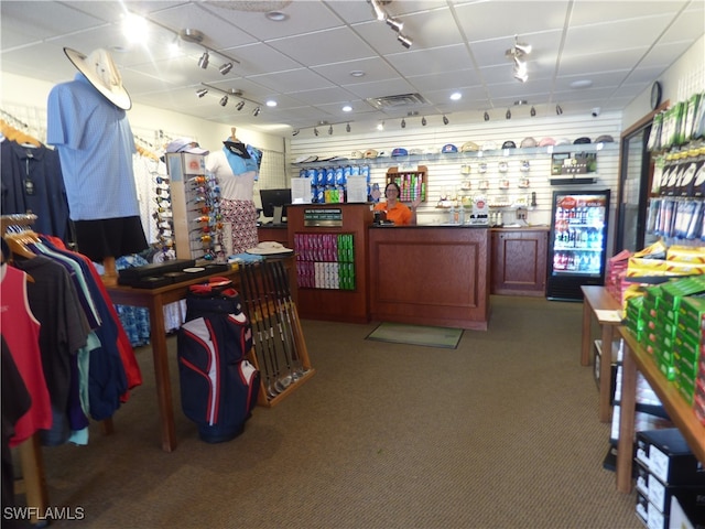 miscellaneous room with light carpet, rail lighting, and a drop ceiling