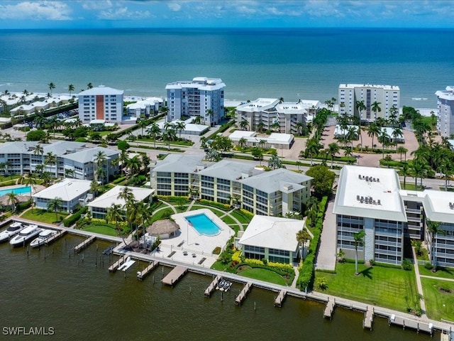 drone / aerial view featuring a water view