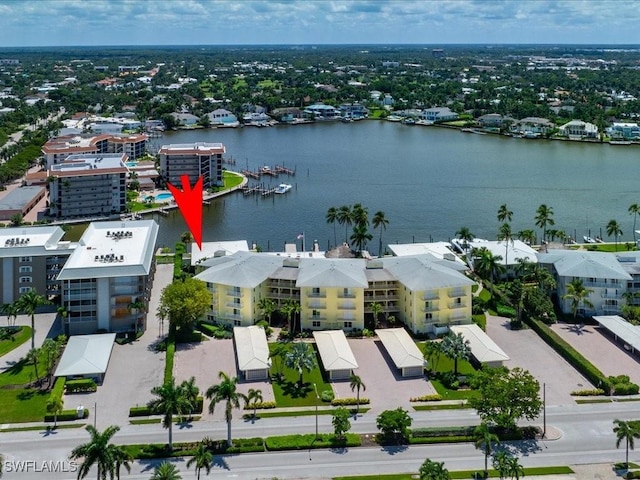 aerial view featuring a water view