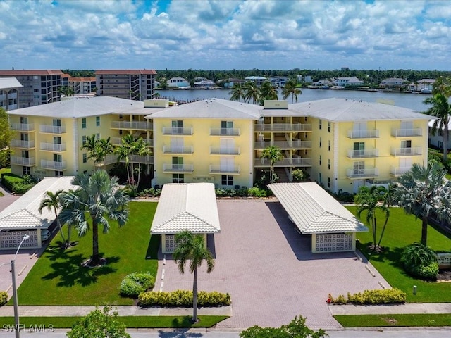 aerial view featuring a water view