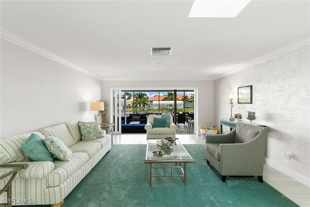 living room with a skylight and crown molding