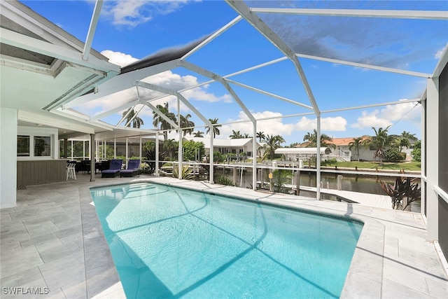 view of swimming pool featuring a patio, an outdoor hangout area, a boat dock, a water view, and glass enclosure