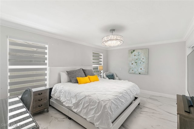 bedroom with an inviting chandelier and crown molding