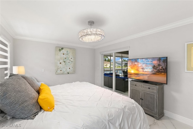 bedroom featuring a notable chandelier, crown molding, and access to exterior