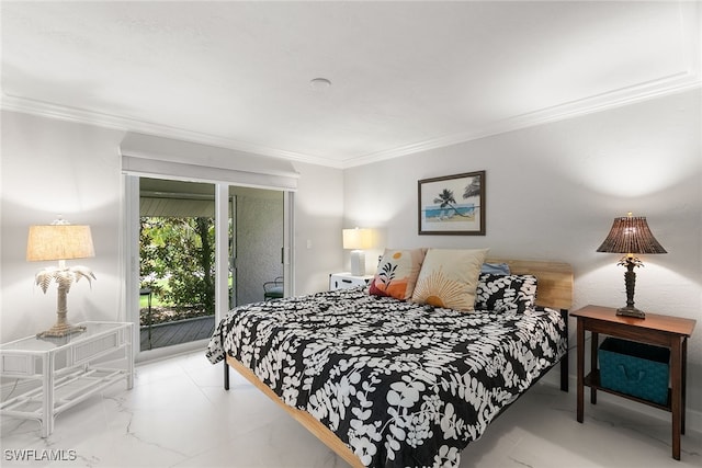 bedroom with access to outside and crown molding