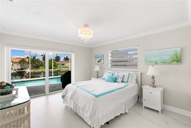 bedroom featuring access to exterior and crown molding