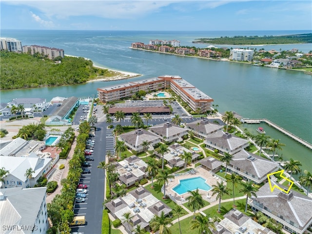 drone / aerial view featuring a water view