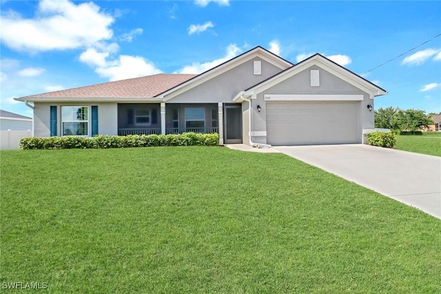 single story home featuring a front lawn and a garage