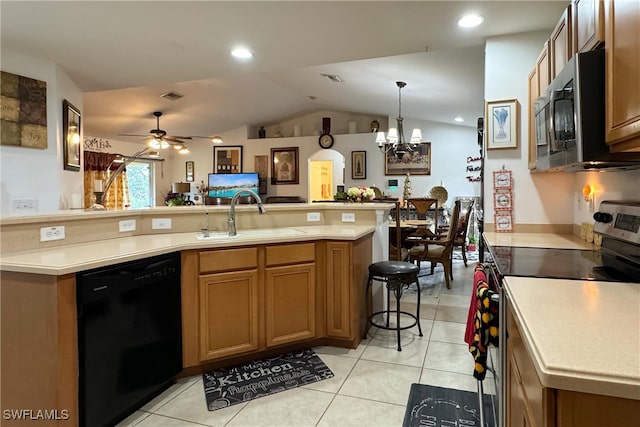 kitchen featuring electric range, ceiling fan with notable chandelier, vaulted ceiling, dishwasher, and sink