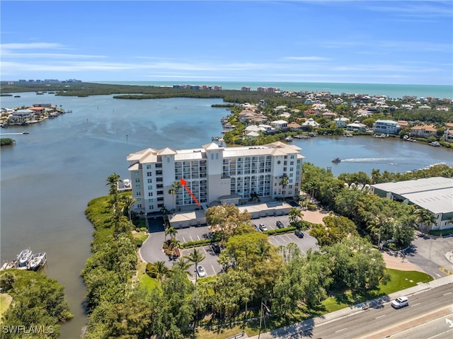 aerial view featuring a water view