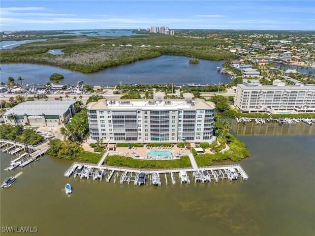 bird's eye view with a water view