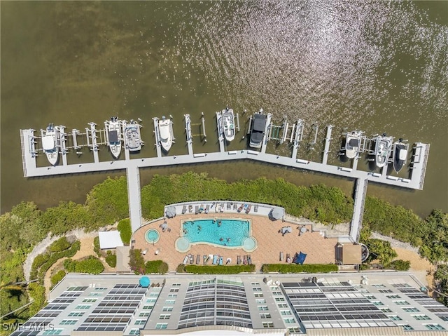 drone / aerial view featuring a water view