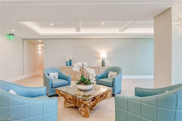 living room featuring beamed ceiling, light hardwood / wood-style flooring, and coffered ceiling