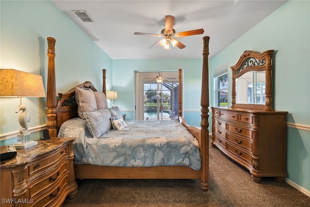 carpeted bedroom featuring ceiling fan, baseboards, visible vents, and access to exterior