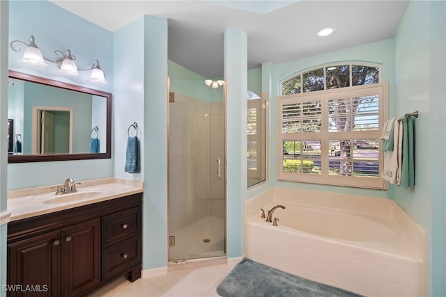 full bath with a garden tub, recessed lighting, a stall shower, vanity, and tile patterned flooring