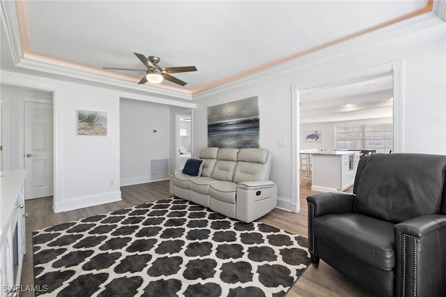 living room featuring ornamental molding, a raised ceiling, and wood-type flooring