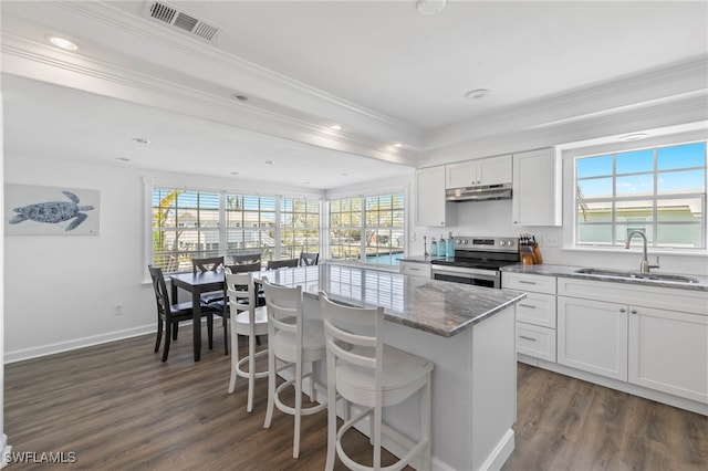 kitchen with sink, stainless steel range with electric cooktop, white cabinetry, a center island, and a kitchen breakfast bar