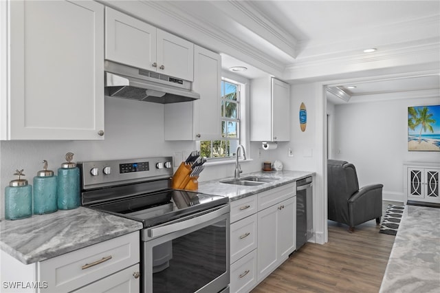 kitchen with crown molding, sink, white cabinets, and electric stove