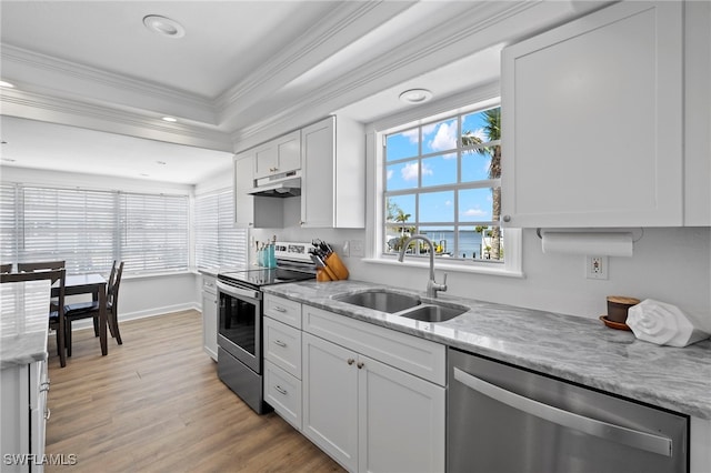 kitchen featuring sink, white cabinetry, a water view, light stone counters, and appliances with stainless steel finishes