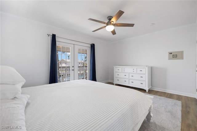 bedroom featuring crown molding, hardwood / wood-style flooring, french doors, and ceiling fan