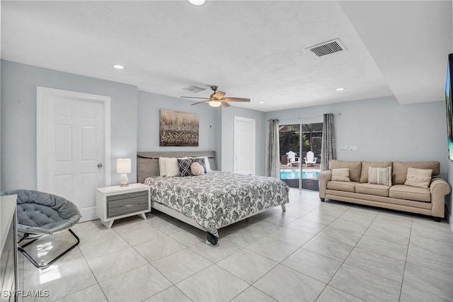 bedroom featuring light tile patterned floors, access to outside, and ceiling fan