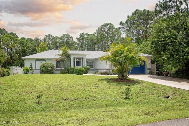 view of front of house with a yard and a garage