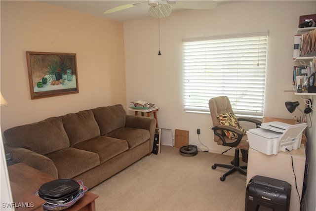 home office with carpet flooring and ceiling fan