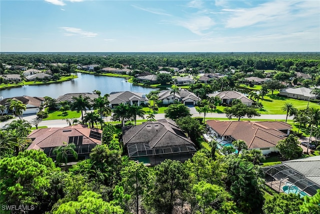 drone / aerial view featuring a water view