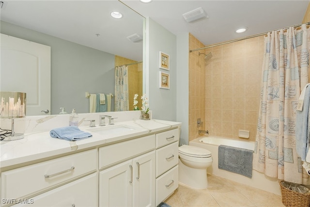 full bathroom with vanity, shower / bathtub combination with curtain, toilet, and tile patterned flooring