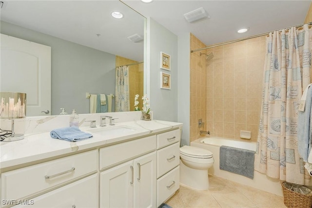 full bathroom featuring toilet, tile patterned floors, shower / bathtub combination with curtain, and vanity